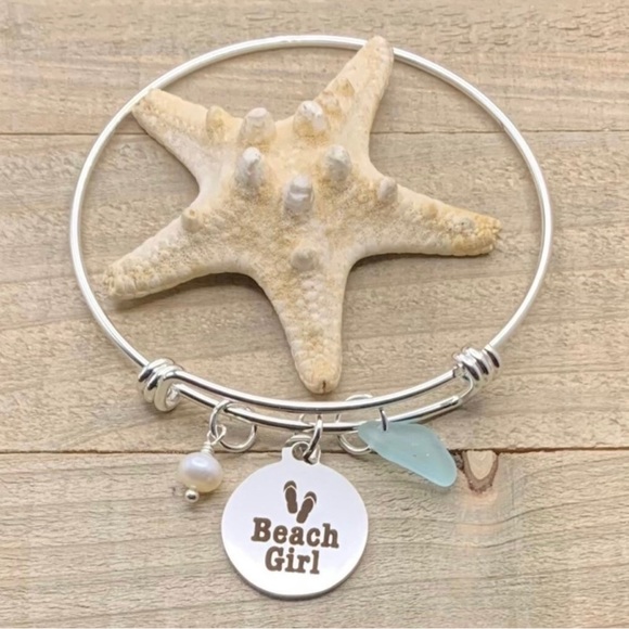 Artisan Jewelry - Sea Glass and Pearl Beach Girl Charm Bracelet * Authentic blue seaglass